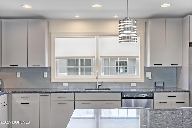 305 W 18th St, Ship Bottom, NJ 08008 - kitchen featuring stainless steel dishwasher, a sink, dark stone countertops, backsplash, and recessed lighting