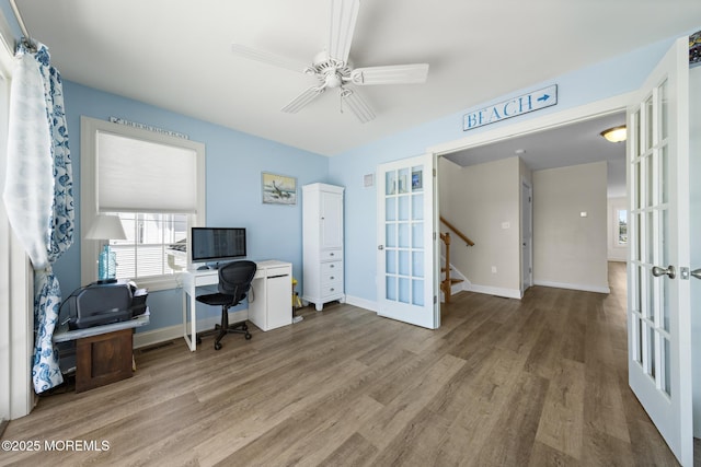 305 W 18th St, Ship Bottom, NJ 08008 - office with wood finished floors, french doors, a ceiling fan, and baseboards