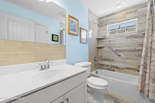 305 W 18th St, Ship Bottom, NJ 08008 - full bathroom featuring shower / bath combo, toilet, vanity, and wood finished floors
