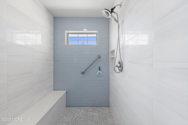 305 W 18th St, Ship Bottom, NJ 08008 - bathroom with a tile shower, tile patterned flooring, and tile walls