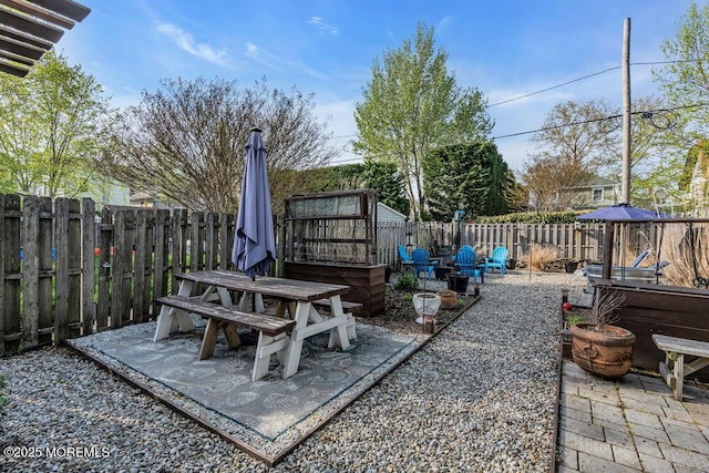 view of patio featuring a fenced backyard and outdoor dining space