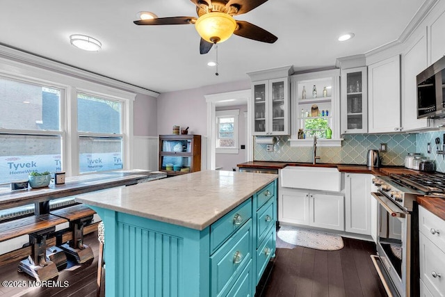 kitchen with a sink, white cabinets, stainless steel appliances, and dark wood-type flooring