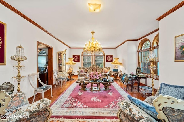 8 Tiberon Dr, Holmdel, NJ 07733 - living room with baseboards, a notable chandelier, crown molding, and wood finished floors
