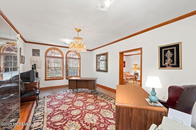 8 Tiberon Dr, Holmdel, NJ 07733 - home office with crown molding, baseboards, an inviting chandelier, and wood finished floors