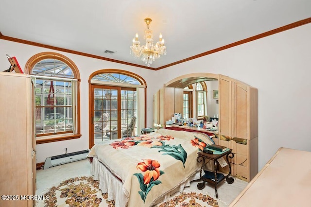 8 Tiberon Dr, Holmdel, NJ 07733 - bedroom with multiple windows, visible vents, a baseboard radiator, an inviting chandelier, and carpet floors