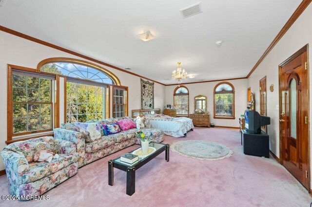 8 Tiberon Dr, Holmdel, NJ 07733 - living area featuring ornamental molding, a wealth of natural light, a notable chandelier, and carpet