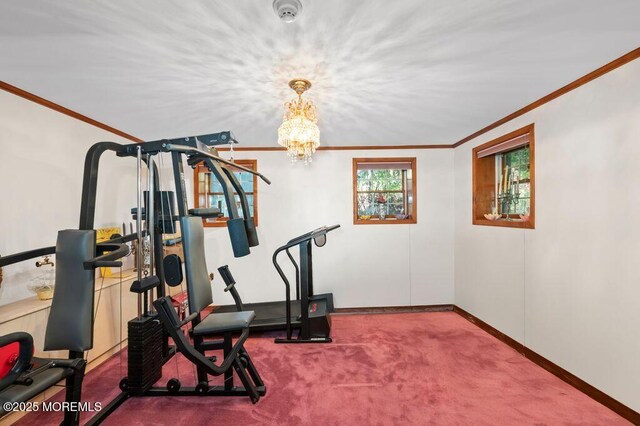 8 Tiberon Dr, Holmdel, NJ 07733 - workout room with carpet flooring, crown molding, a chandelier, and baseboards