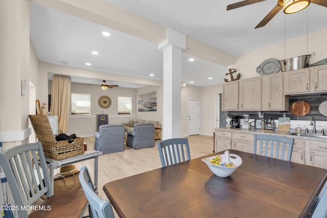 dining space featuring recessed lighting, a ceiling fan, and light wood finished floors