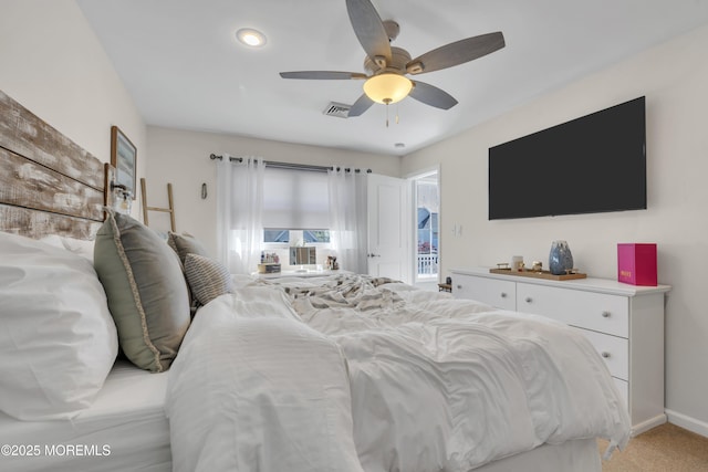 bedroom featuring a ceiling fan, visible vents, baseboards, light carpet, and recessed lighting