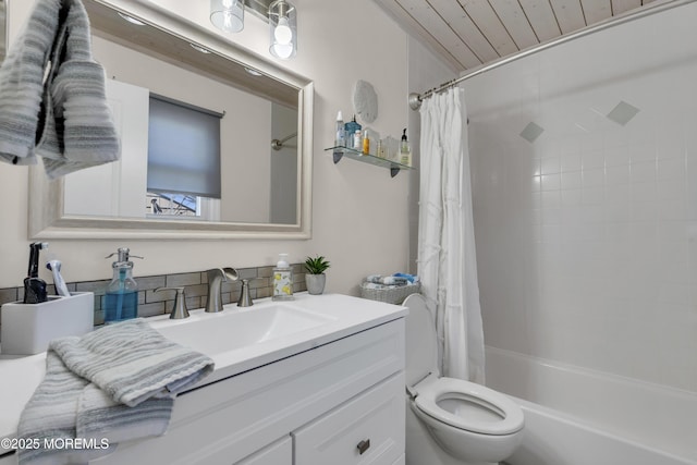full bathroom with toilet, wooden ceiling, shower / tub combo with curtain, and vanity