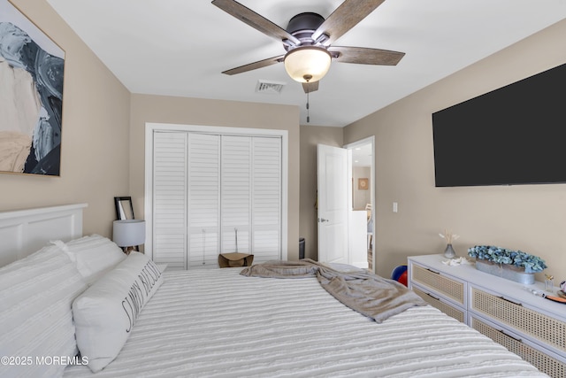 bedroom with visible vents, a ceiling fan, and a closet