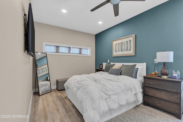 bedroom featuring recessed lighting, baseboards, a ceiling fan, and wood finished floors