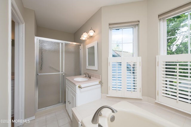 97 Gimbel Pl Unit 1903, Ocean Twp, NJ 07712 - full bath featuring a stall shower, a bath, tile patterned flooring, and vanity