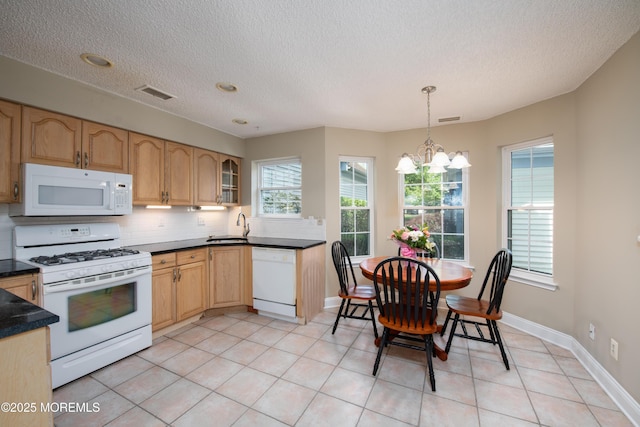 97 Gimbel Pl Unit 1903, Ocean Twp, NJ 07712 - kitchen with white appliances, a sink, a chandelier, dark countertops, and decorative backsplash