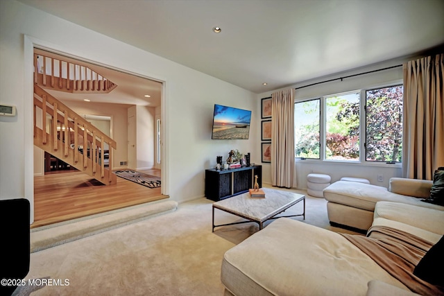 15 Evan Dr, Morganville, NJ 07751 - carpeted living area featuring stairs and recessed lighting