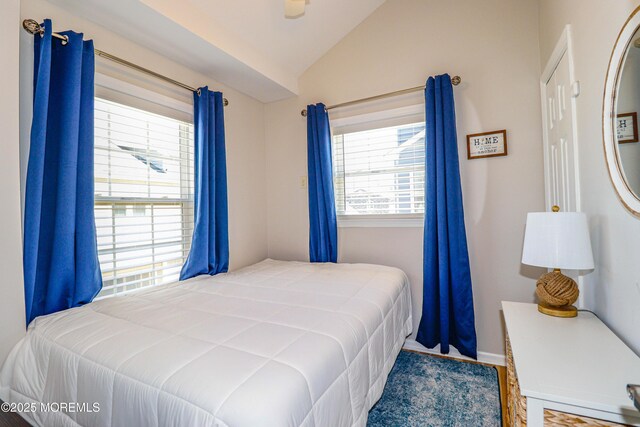 bedroom with baseboards, wood finished floors, and lofted ceiling