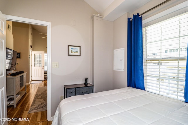bedroom featuring lofted ceiling, wood finished floors, and multiple windows