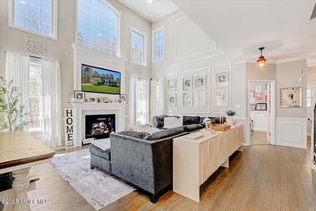 living area featuring crown molding, a wealth of natural light, and wood finished floors