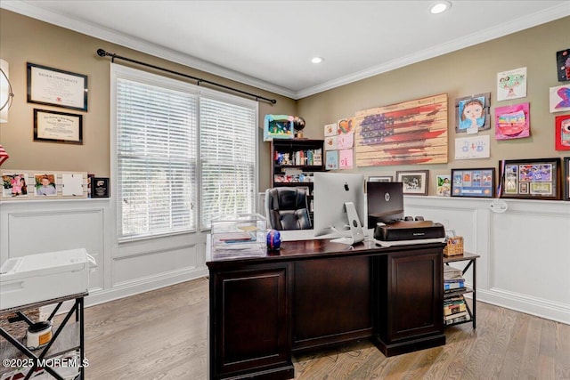 home office featuring recessed lighting, ornamental molding, light wood-style flooring, and a decorative wall