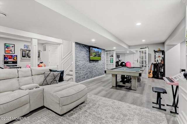 recreation room featuring recessed lighting, baseboards, billiards, and wood finished floors