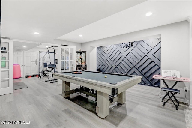 rec room featuring french doors, billiards, light wood finished floors, and recessed lighting