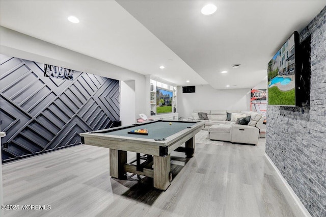 recreation room with recessed lighting, billiards, and light wood finished floors