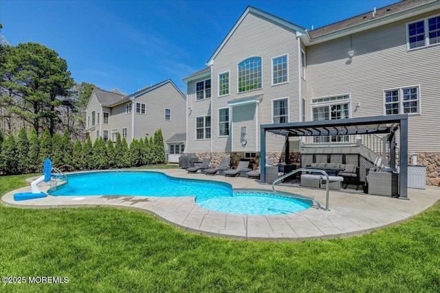 pool featuring a lawn, a patio, an outdoor living space, and a pergola