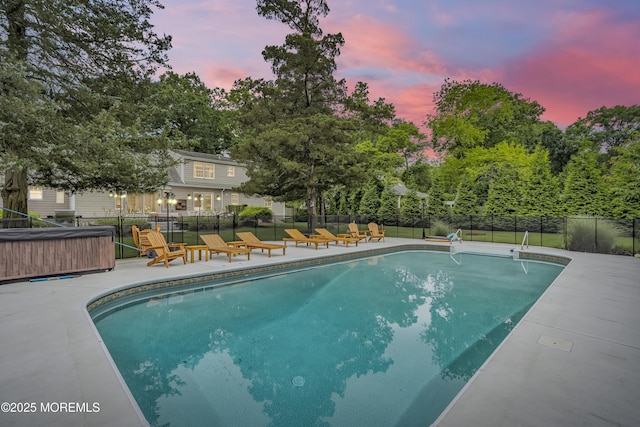 1570 Beaver Hollow Dr, Toms River, NJ 08755 - pool at dusk with fence, a fenced in pool, and a patio