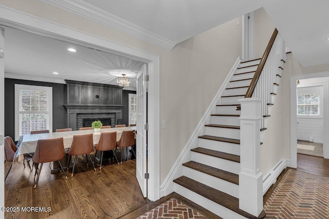 1570 Beaver Hollow Dr, Toms River, NJ 08755 - stairs with crown molding, baseboards, and brick floor
