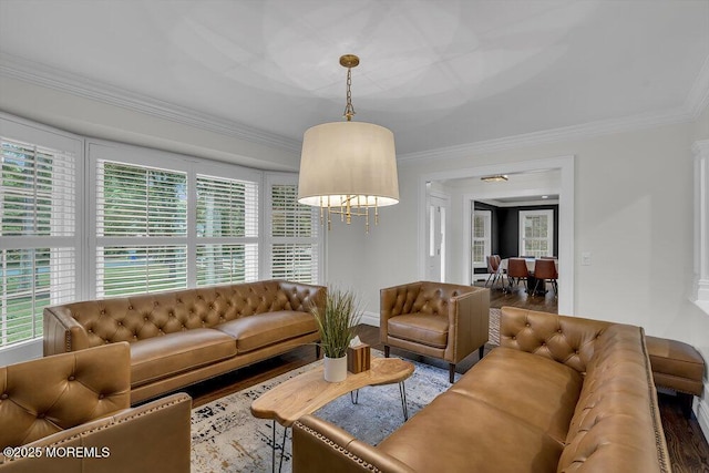 1570 Beaver Hollow Dr, Toms River, NJ 08755 - living area with baseboards, ornamental molding, wood finished floors, and a notable chandelier