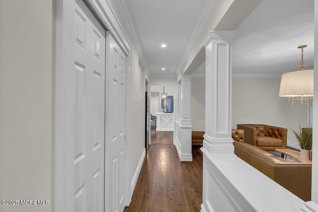 1570 Beaver Hollow Dr, Toms River, NJ 08755 - corridor featuring recessed lighting, ornamental molding, decorative columns, and dark wood finished floors