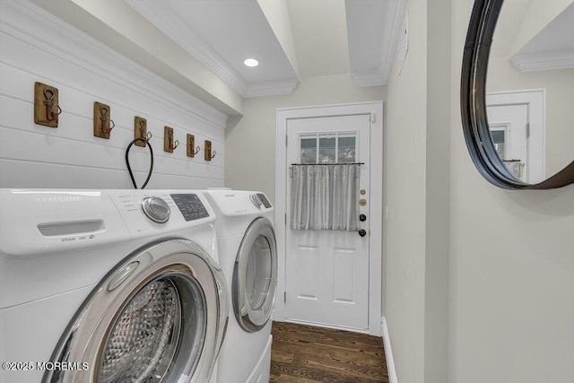 1570 Beaver Hollow Dr, Toms River, NJ 08755 - washroom featuring laundry area, washing machine and clothes dryer, ornamental molding, recessed lighting, and dark wood-type flooring