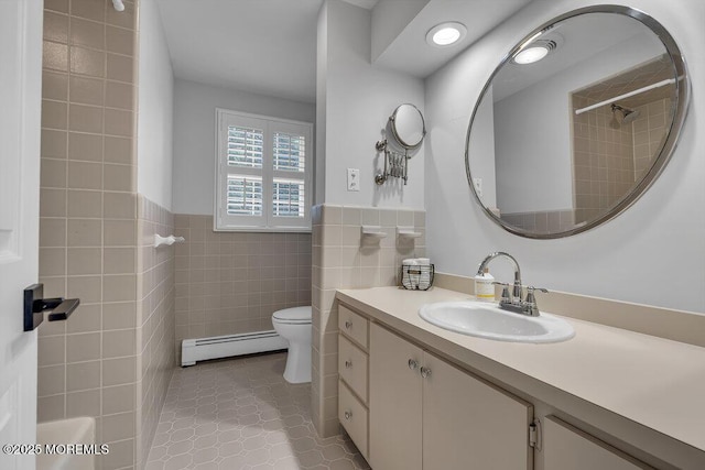 1570 Beaver Hollow Dr, Toms River, NJ 08755 - bathroom with vanity, tile patterned flooring, toilet, tile walls, and a baseboard radiator