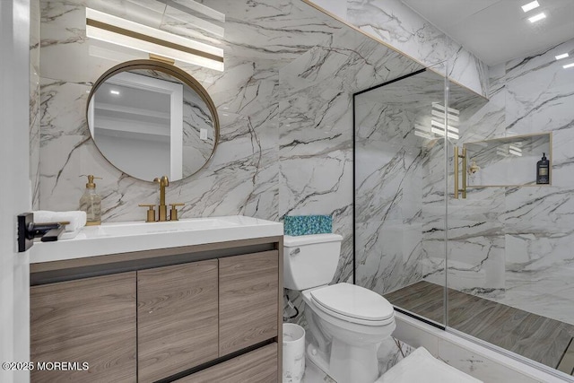 1570 Beaver Hollow Dr, Toms River, NJ 08755 - bathroom featuring a marble finish shower, vanity, toilet, and tile walls