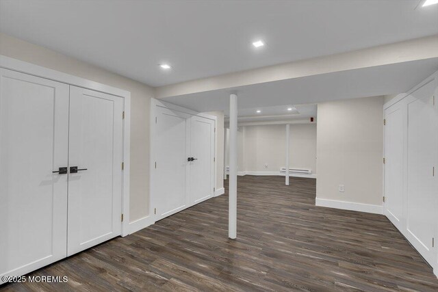 1570 Beaver Hollow Dr, Toms River, NJ 08755 - finished basement featuring recessed lighting, baseboards, a baseboard heating unit, and dark wood finished floors