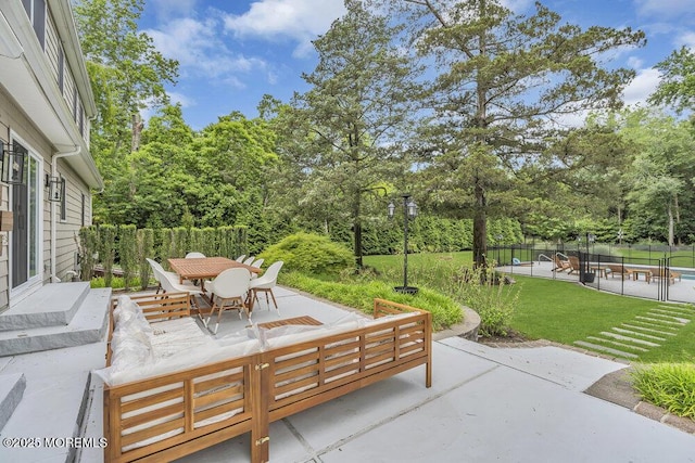 1570 Beaver Hollow Dr, Toms River, NJ 08755 - view of patio / terrace featuring outdoor dining area, fence, an outdoor hangout area, and a fenced in pool