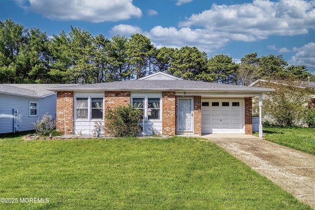 3 Tudor Ct, Brick, NJ 08723 - ranch-style home with brick siding, a garage, a front lawn, and concrete driveway