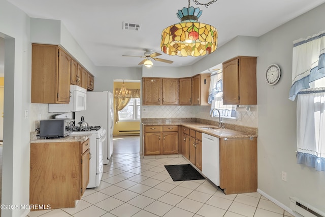 3 Tudor Ct, Brick, NJ 08723 - kitchen with baseboard heating, a sink, white appliances, tasteful backsplash, and visible vents