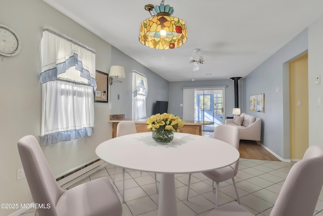 3 Tudor Ct, Brick, NJ 08723 - dining space with baseboards, a baseboard radiator, and a wood stove