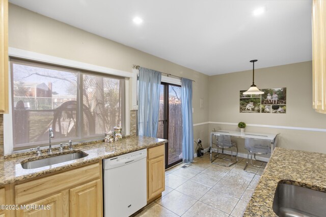 162 Tudor Ct, Lakewood, NJ 08701 - kitchen featuring light tile patterned flooring, light brown cabinets, light stone countertops, a sink, and dishwasher