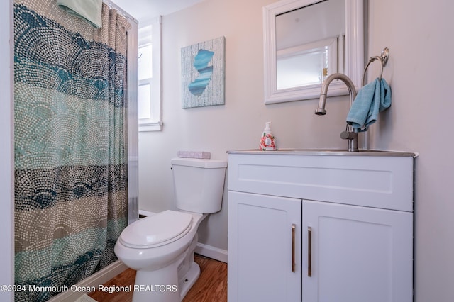full bathroom featuring vanity, toilet, baseboards, curtained shower, and wood finished floors