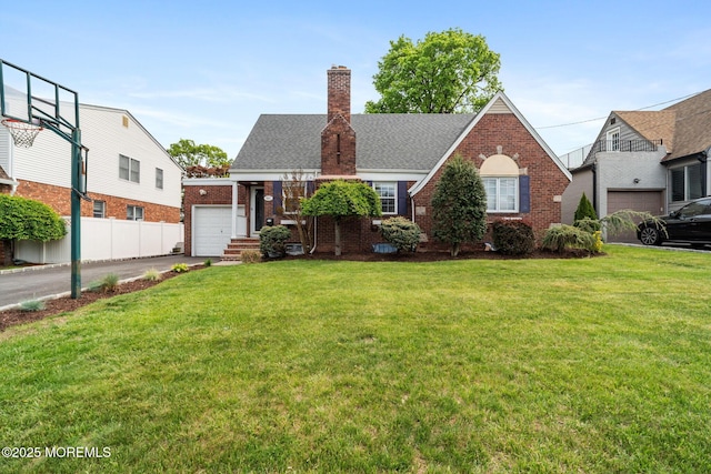 view of front of house featuring brick siding, a garage, a chimney, and a front lawn