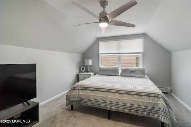 carpeted bedroom with a ceiling fan, baseboards, a baseboard heating unit, and vaulted ceiling