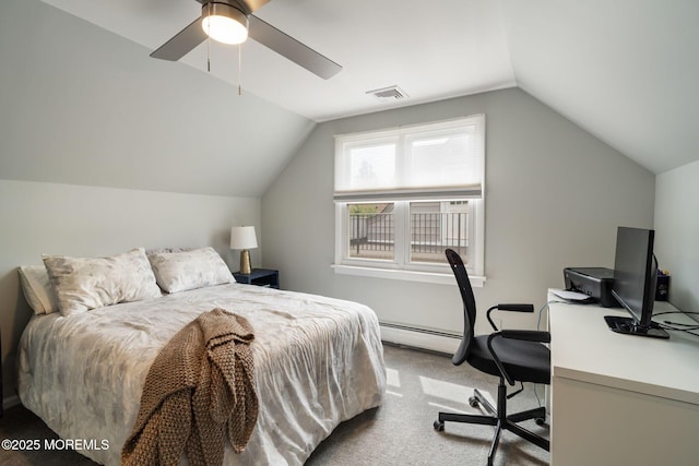carpeted bedroom featuring ceiling fan, a baseboard heating unit, lofted ceiling, and visible vents