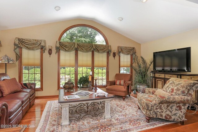 65 Devonshire Dr, Morganville, NJ 07751 - living room featuring plenty of natural light, wood finished floors, and vaulted ceiling