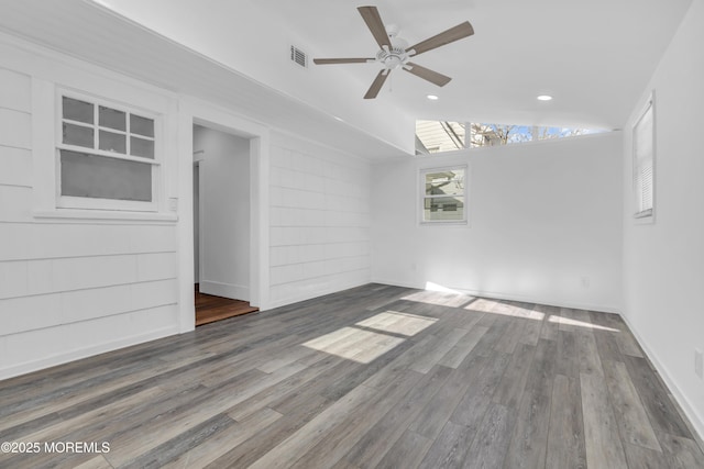 191 State Route 35, Red Bank, NJ 07701 - unfurnished room featuring a ceiling fan, visible vents, vaulted ceiling, wood finished floors, and recessed lighting
