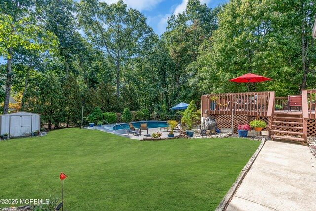 view of yard with a deck, an outdoor pool, a patio area, an outdoor structure, and a shed