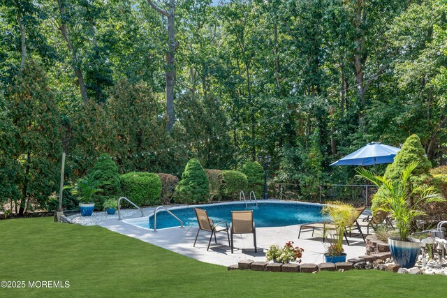outdoor pool featuring a patio and a yard