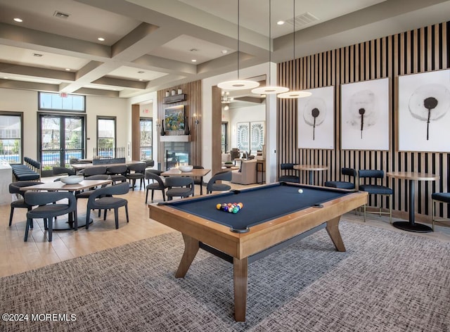 103 Wisteria Ct, Freehold, NJ 07728 - playroom with visible vents, billiards, light wood-style floors, and coffered ceiling