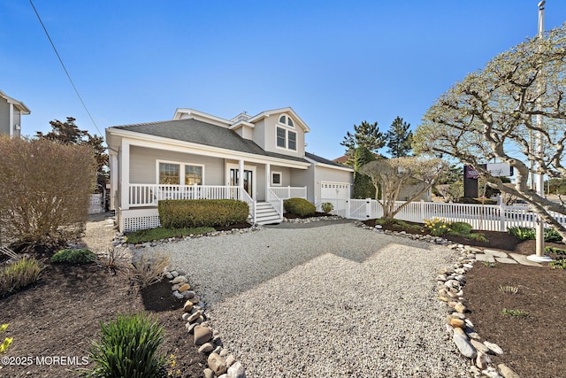 view of front of property featuring a porch, driveway, roof with shingles, a garage, and fence